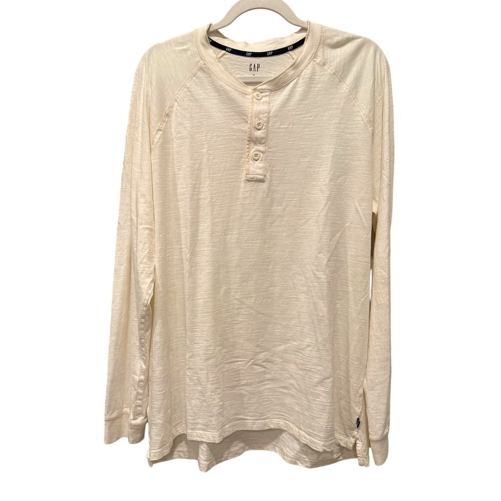 GAP Mens Minimalist Henley Long Sleeve XL Cream Slub Knit Cotton Casual Shirt